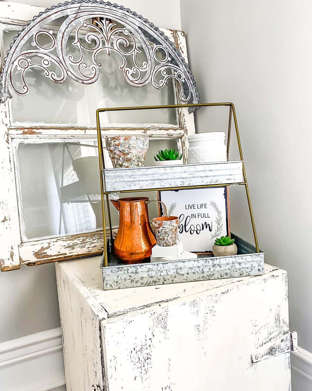 Galvanized Tray with Copper Pitcher and 'Bloom' Sign