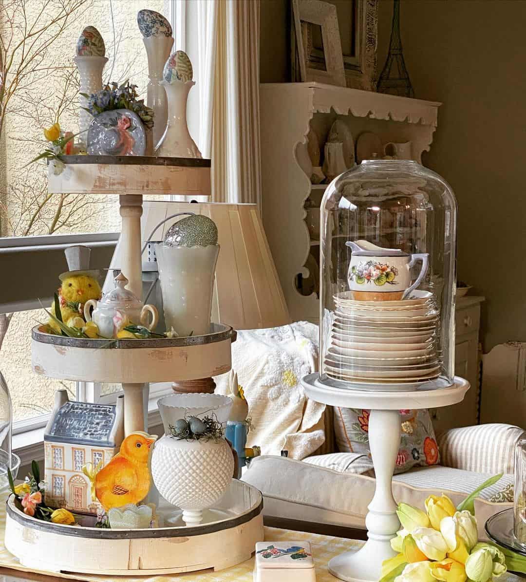 Springtime Tiered Tray with Houses, Chicks, and Eggs