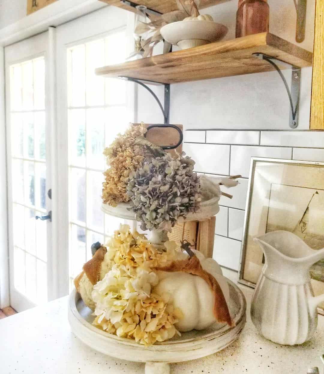 Rustic Fall Vignette with Hydrangeas and White Pumpkins