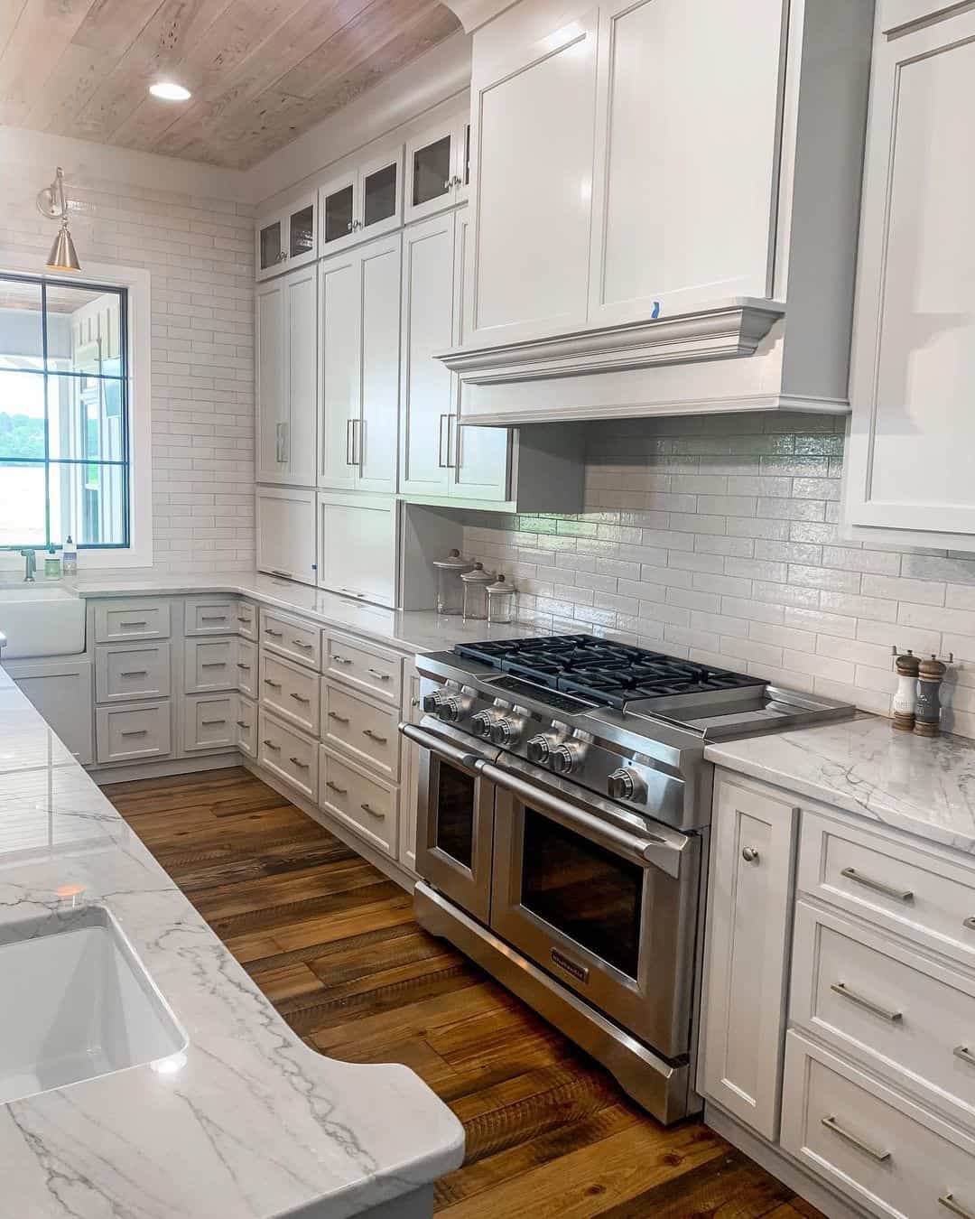 Wood Plank Ceiling Adds Warmth to White Kitchen