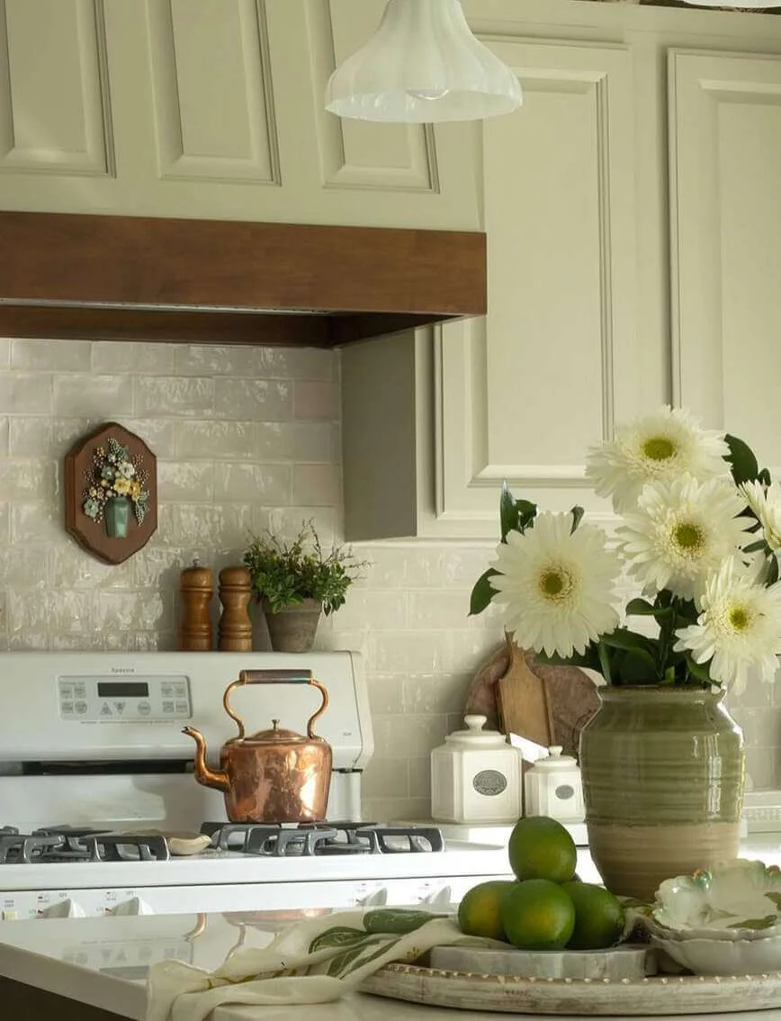 Copper Kettle Adds Warmth to White Stove