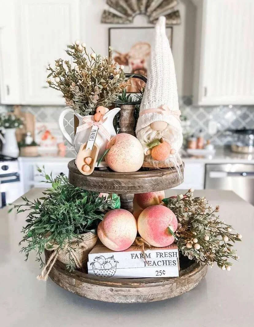Style a Tiered Tray with Faux Peaches and a Gnome