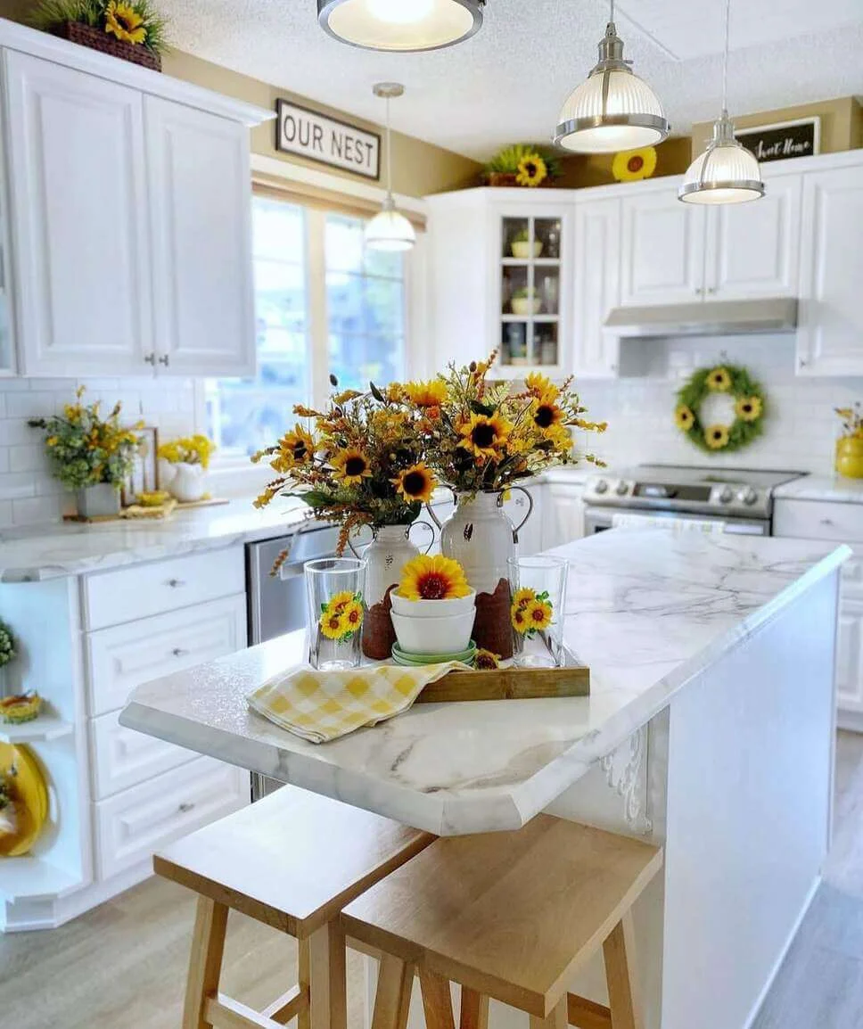 Group Sunflowers in Vintage White Pitchers