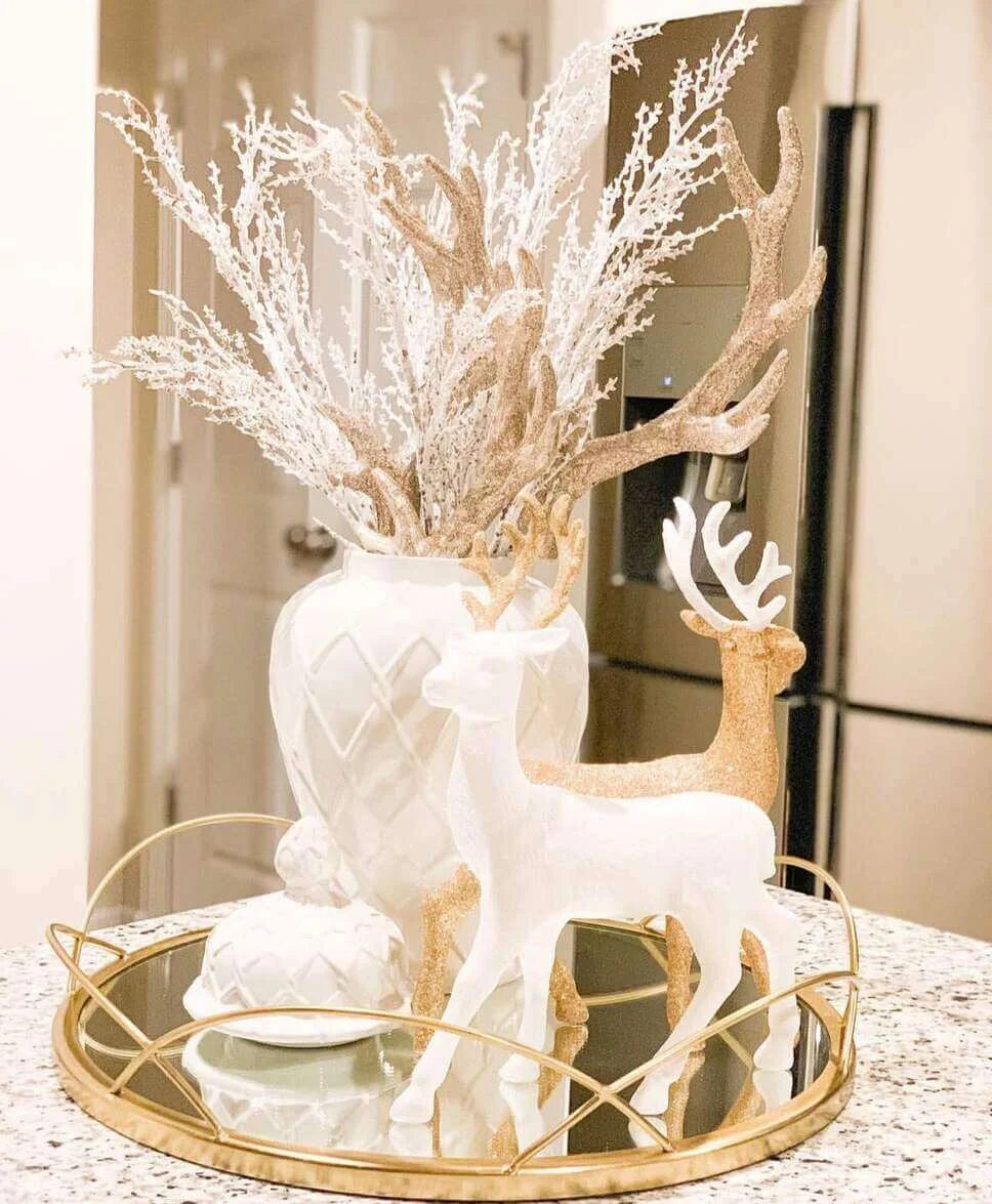 Gold Tray with Mirrored Base Displays Winter Scene