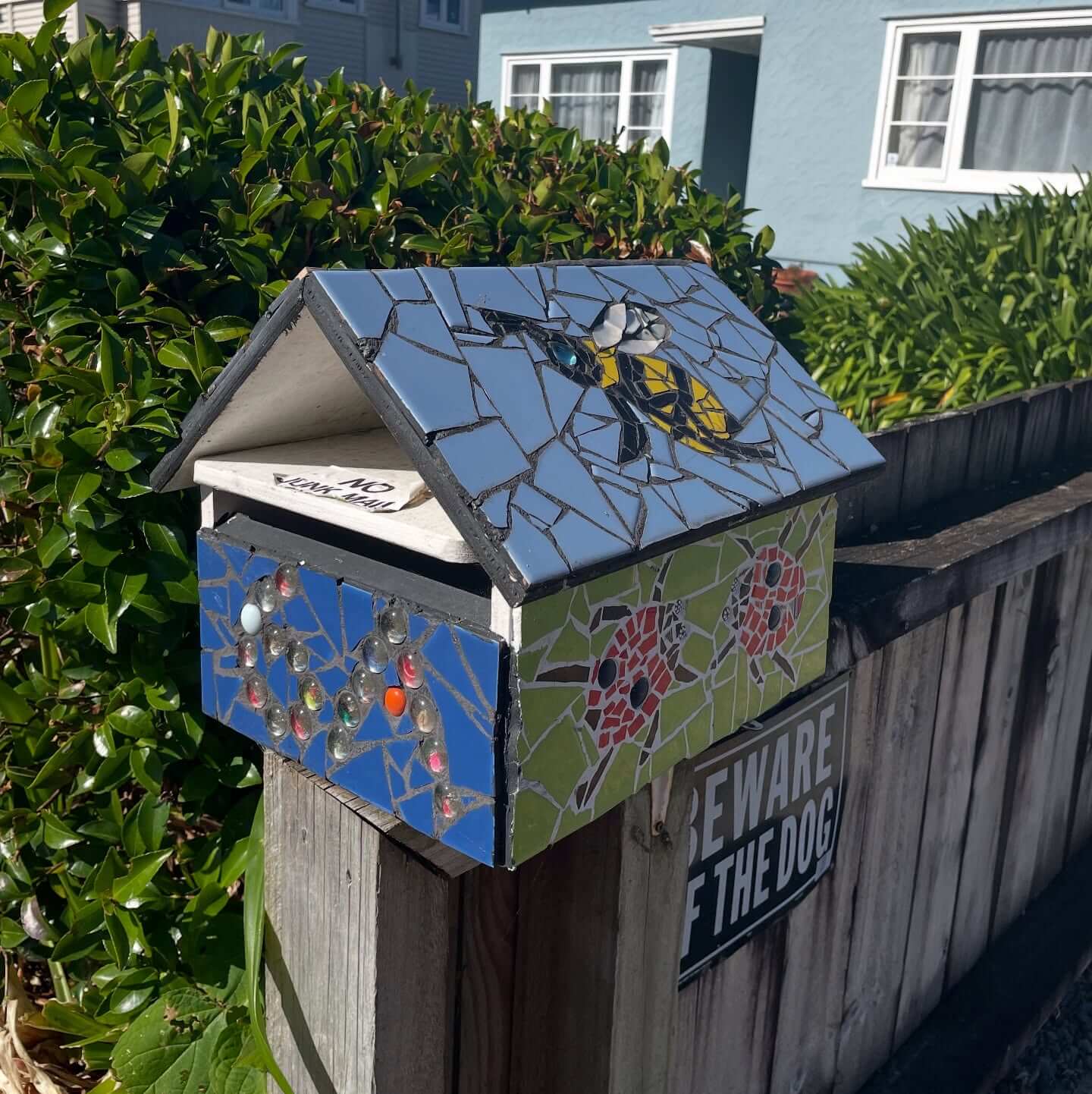 Mosaic Mailbox with Artistic Bee and Ladybug Designs
