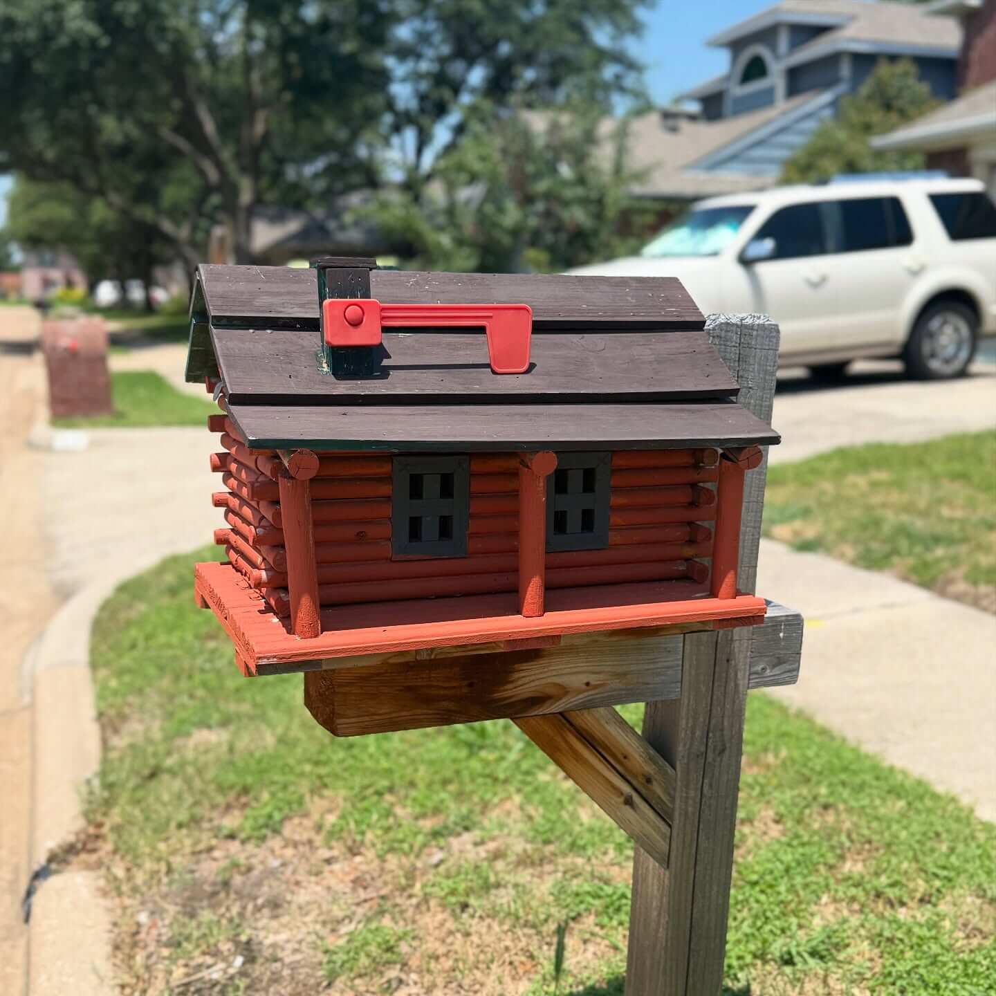 Miniature Log Cabin Mailbox with Red Flag Accent