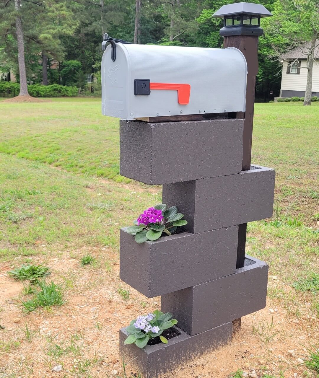 Cinder Block Mailbox with Built-In Planter Pockets