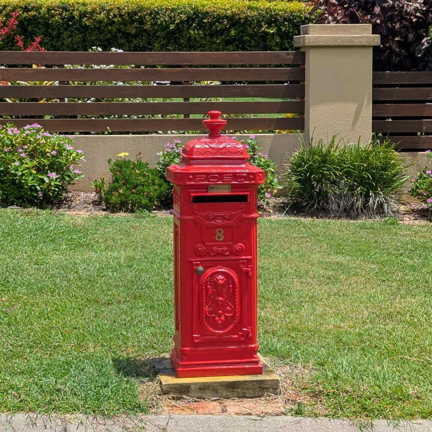 Ornate Red Mailbox with Embossed Vintage Number