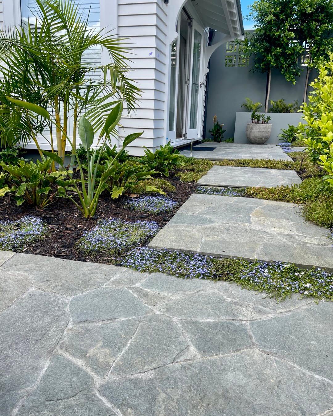 Integrate a Path Organically with Irregular Blue-Gray Stone Slabs and Groundcover