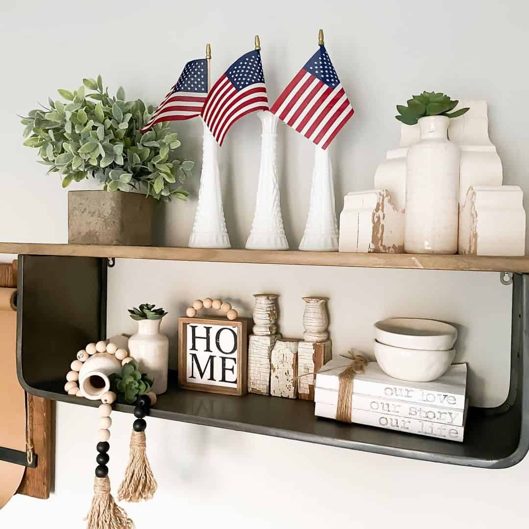 Patriotic Display with Milk Glass Vases and Flags