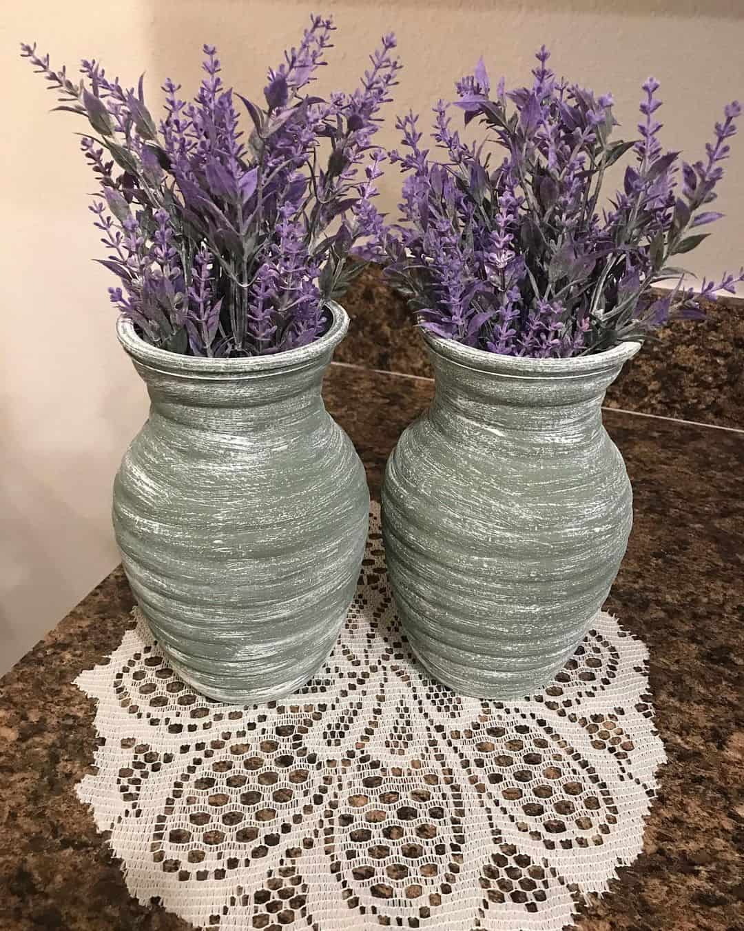 Textured Green Vases with Lavender Sprigs
