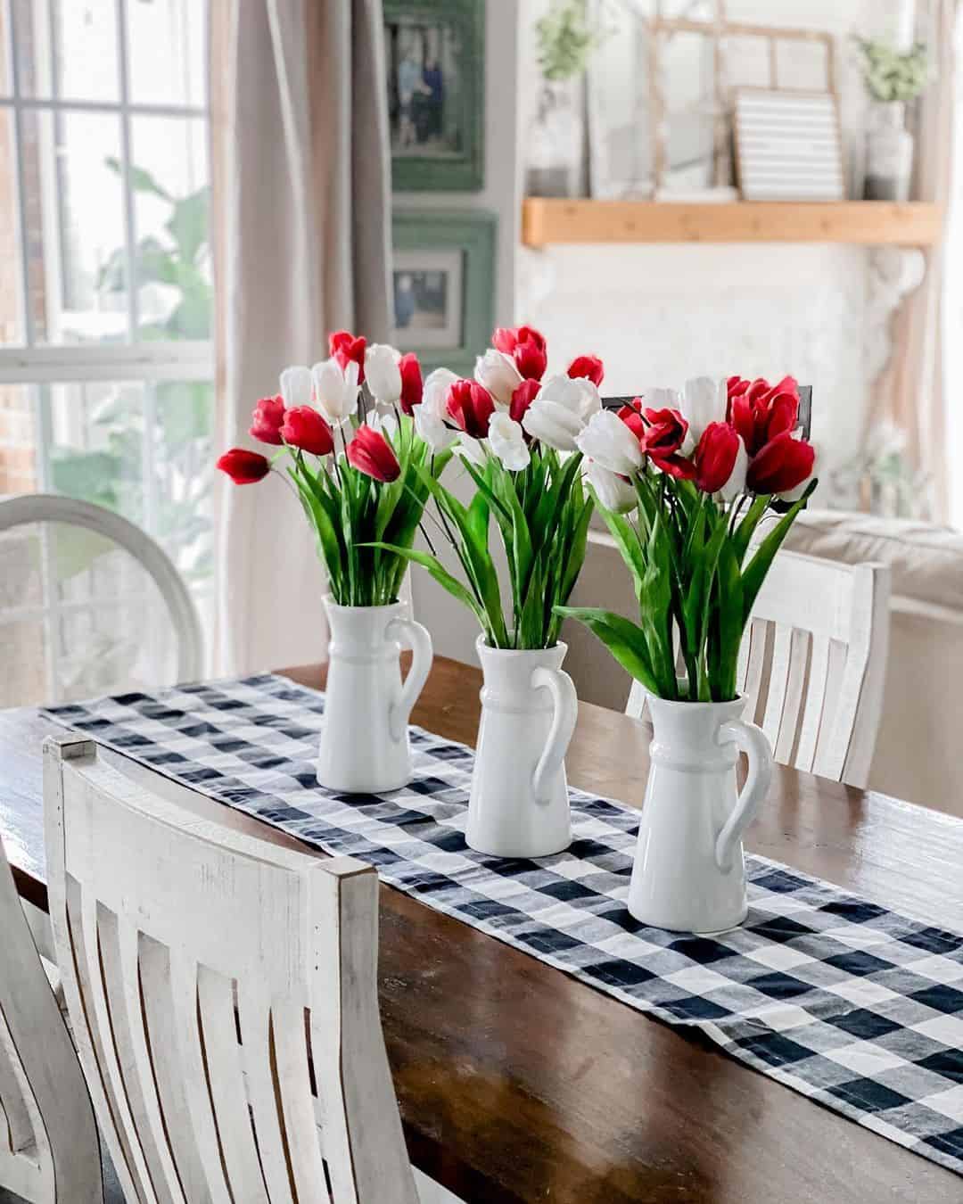 White Pitcher Vases on a Buffalo Check Runner