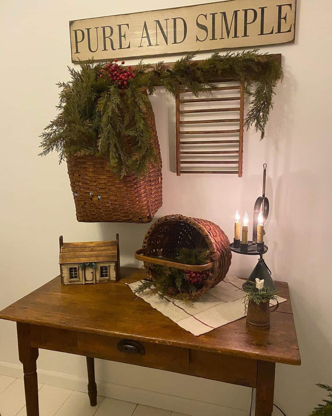 Wooden Ladder Shelf for Displaying Greenery and Baskets