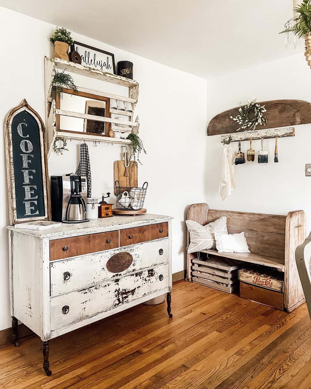 Distressed Dresser as a Charming Coffee Station Base