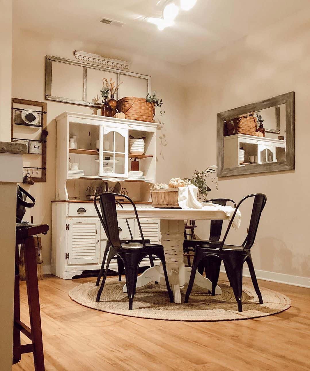 Distressed Window Frame Adds Architectural Interest Above Hutch
