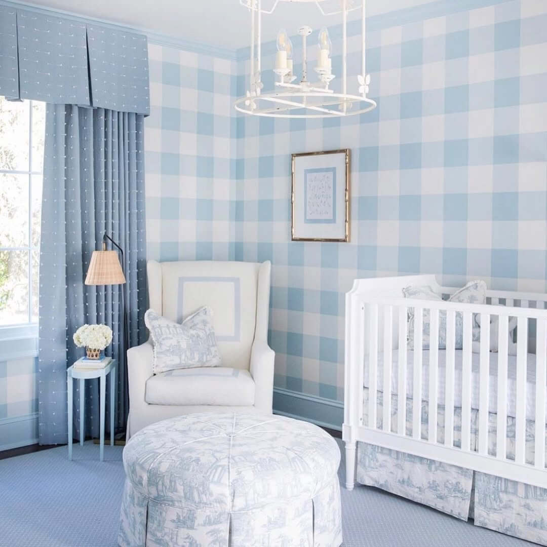 Large Scale Buffalo Check Wallpaper Creates a Serene Nursery Backdrop