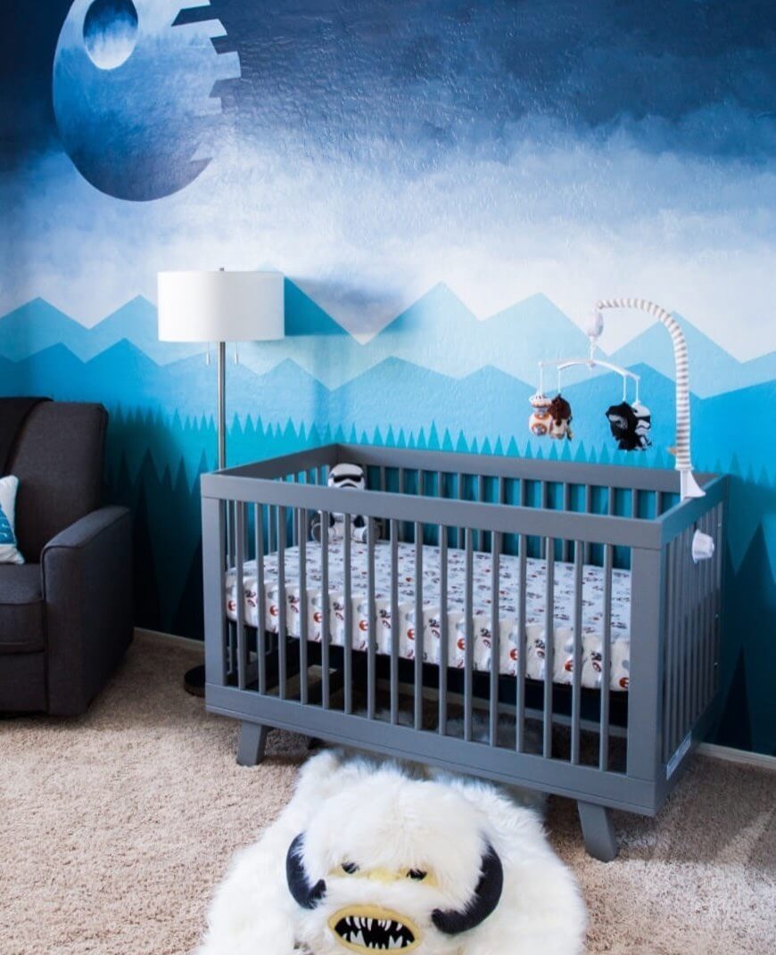 Layered Blue Mountain Mural Creates an Immersive Sky Backdrop