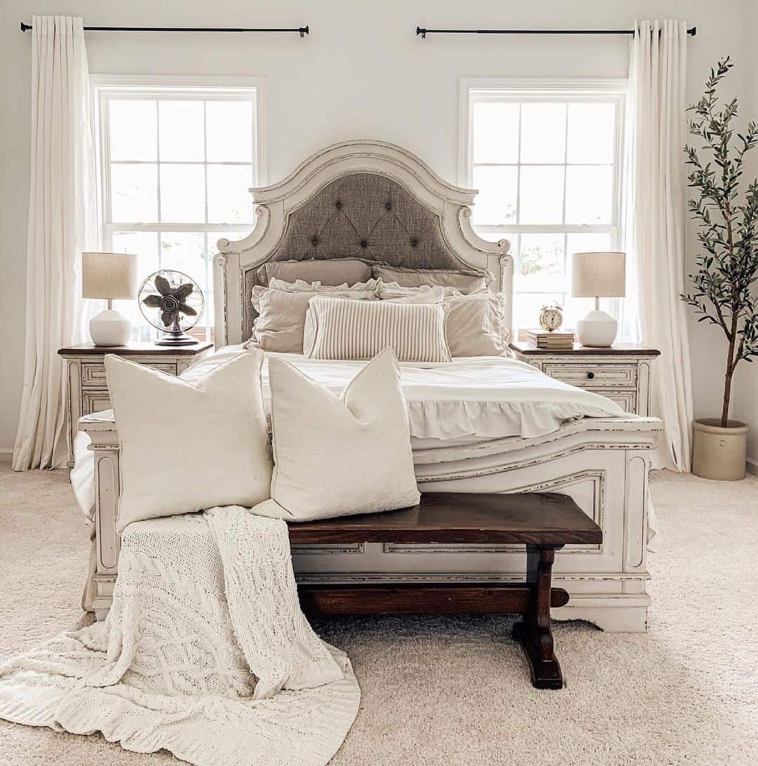 Dark Wooden Bench Grounds The Foot Of The Bed