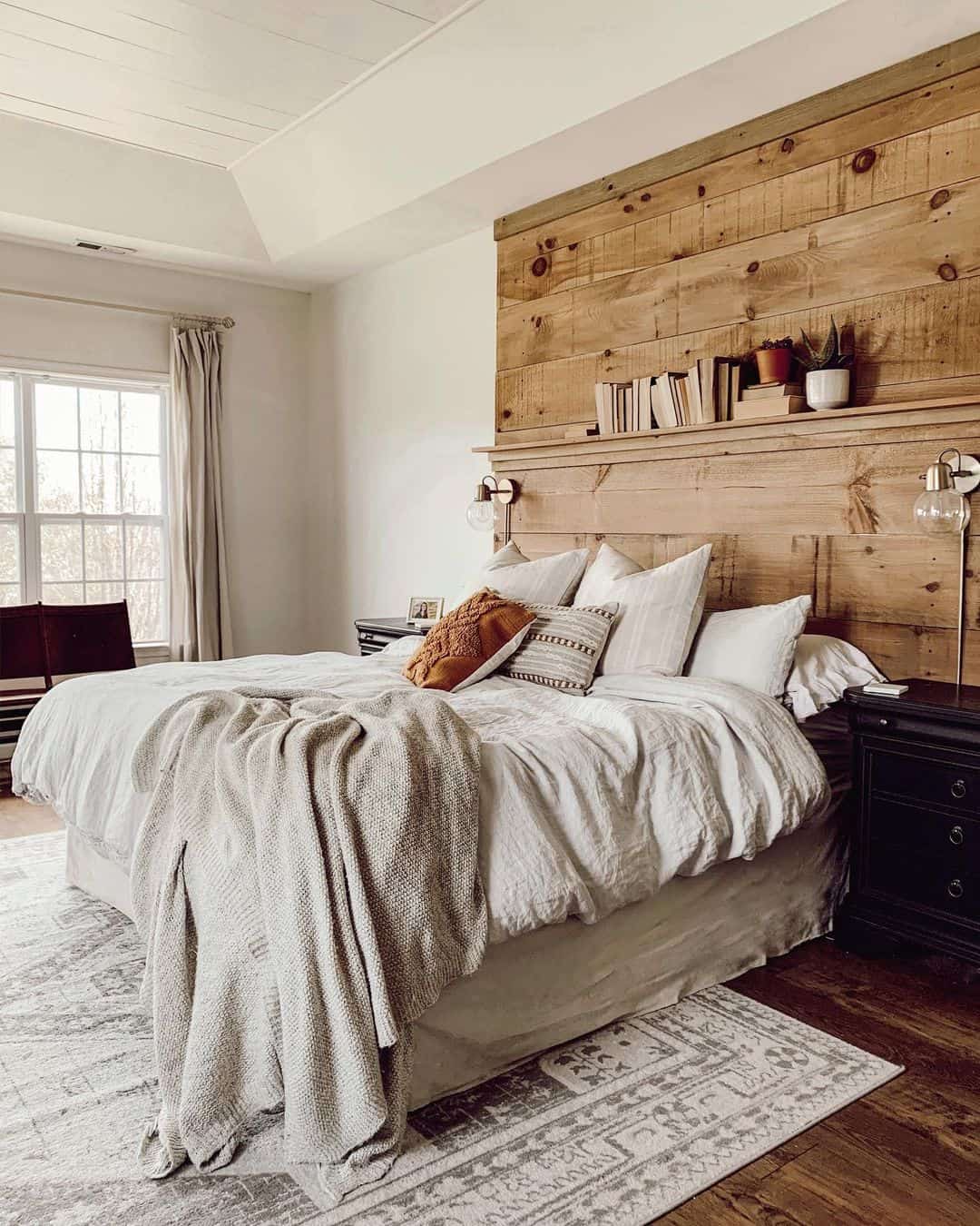 Incorporate Cozy Storage with a Wood Plank Headboard Shelf
