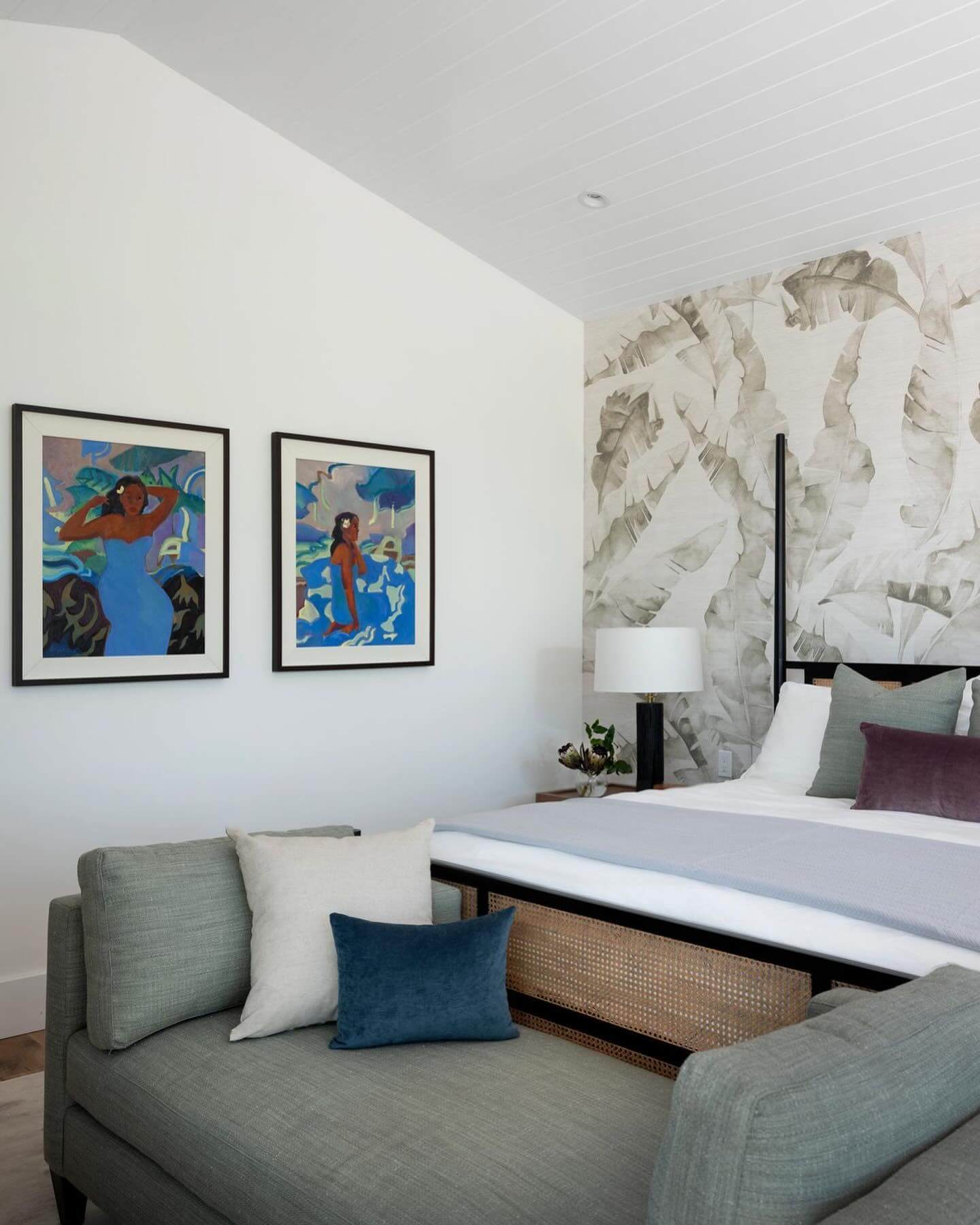 Tropical Leaf Wallpaper Sets a Serene Backdrop Behind the Bed