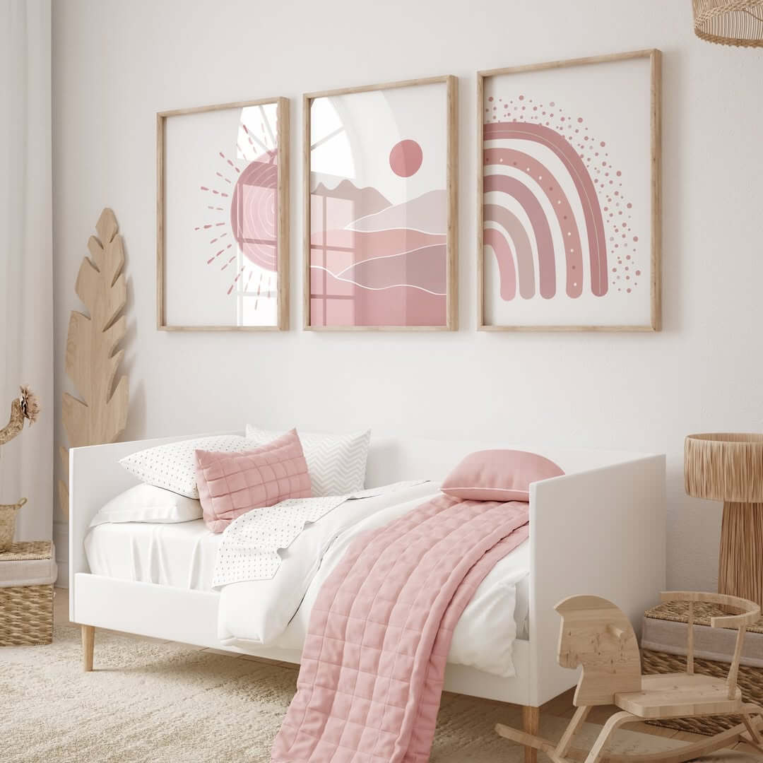 Triptych Wall Art Creates a Pink Dreamscape Above the Bed