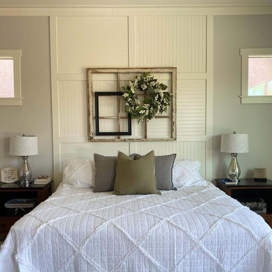 Layered Window Frame and Wreath Create a Rustic Focal Point