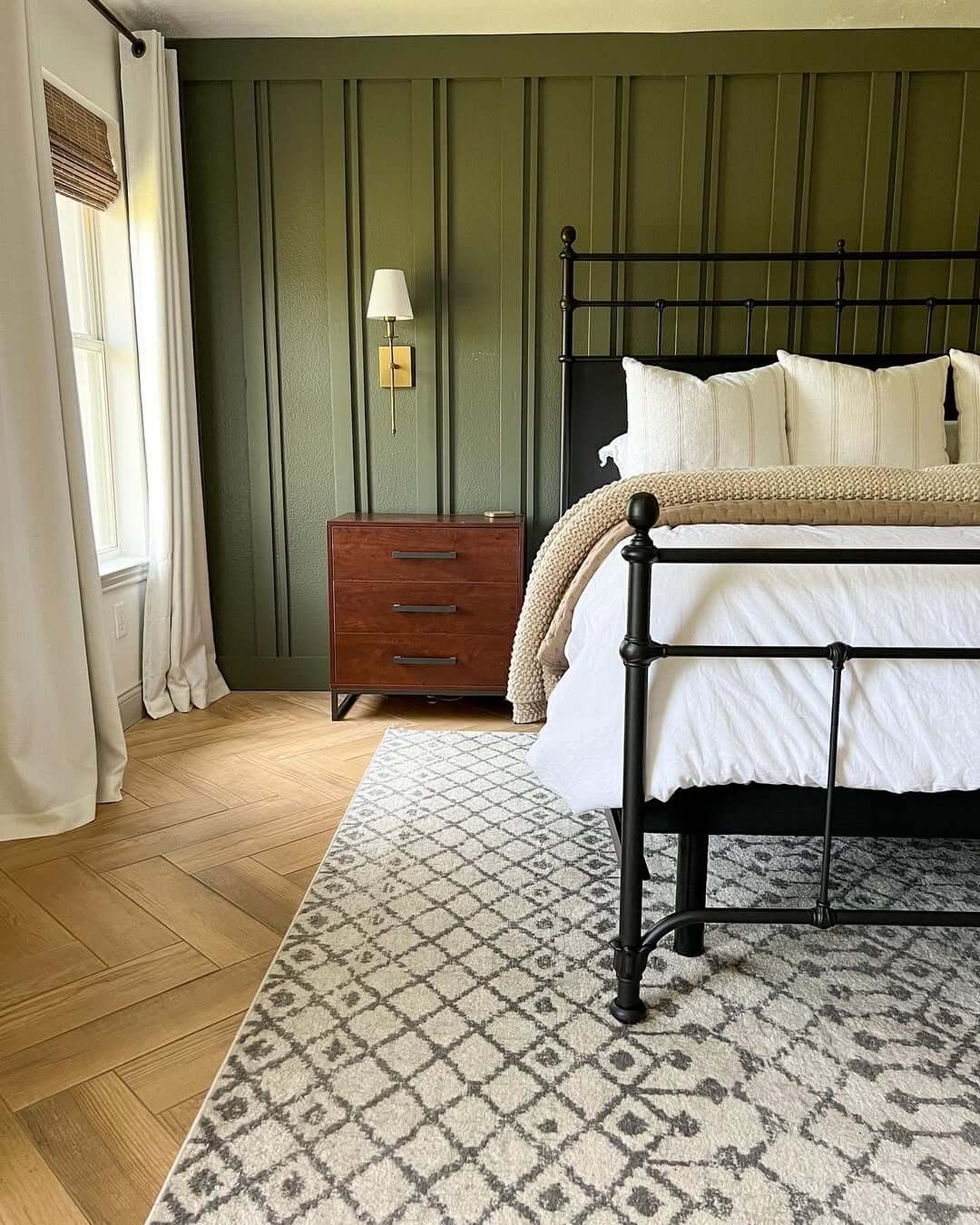 Vertical Wood Slats Create a Textured Olive Green Accent Wall