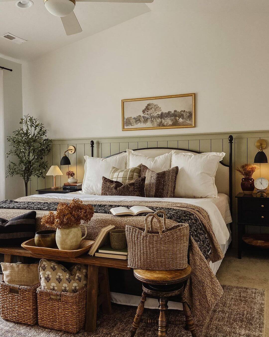 Woven Baskets Create Cozy Storage Under a Wooden Bench