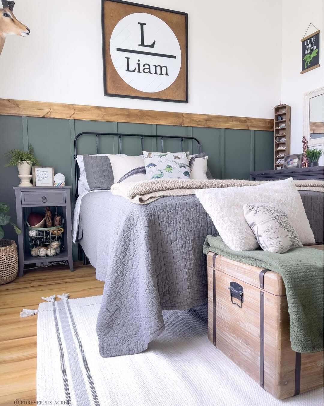 Deep Green Board and Batten with Natural Wood Trim