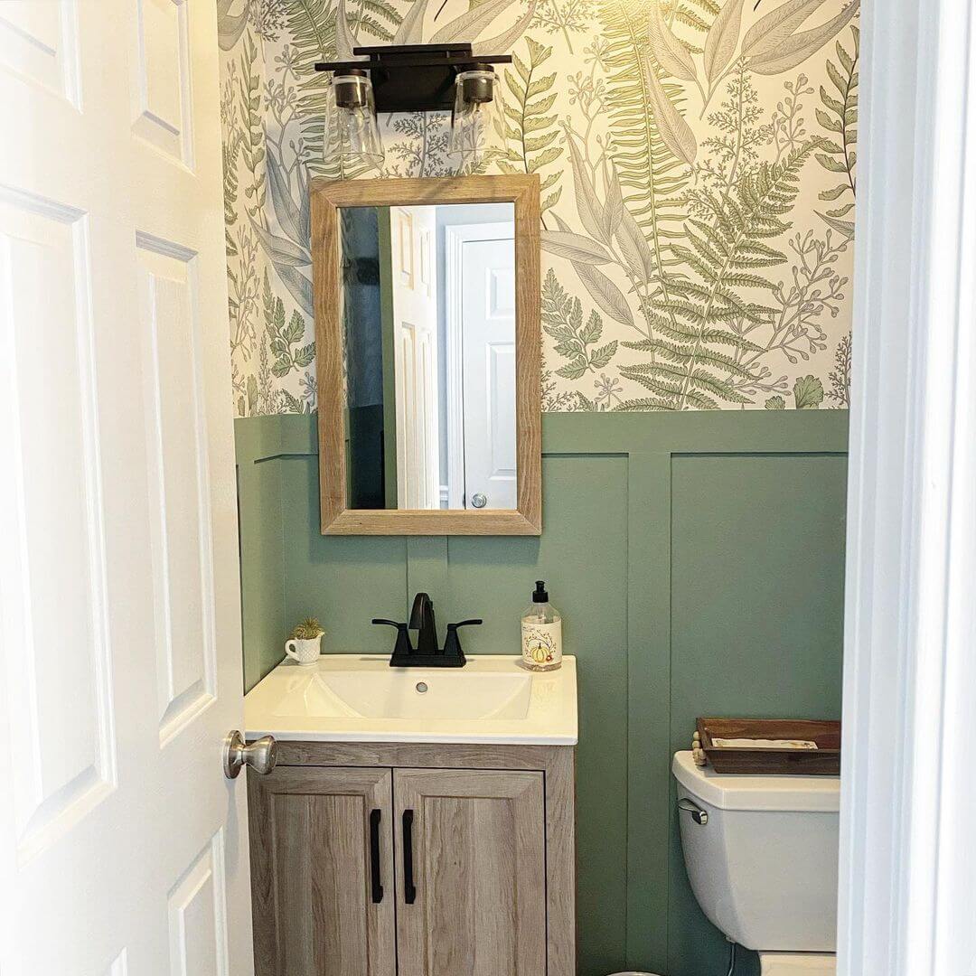 Sage Green Board and Batten With Fern Wallpaper Accent