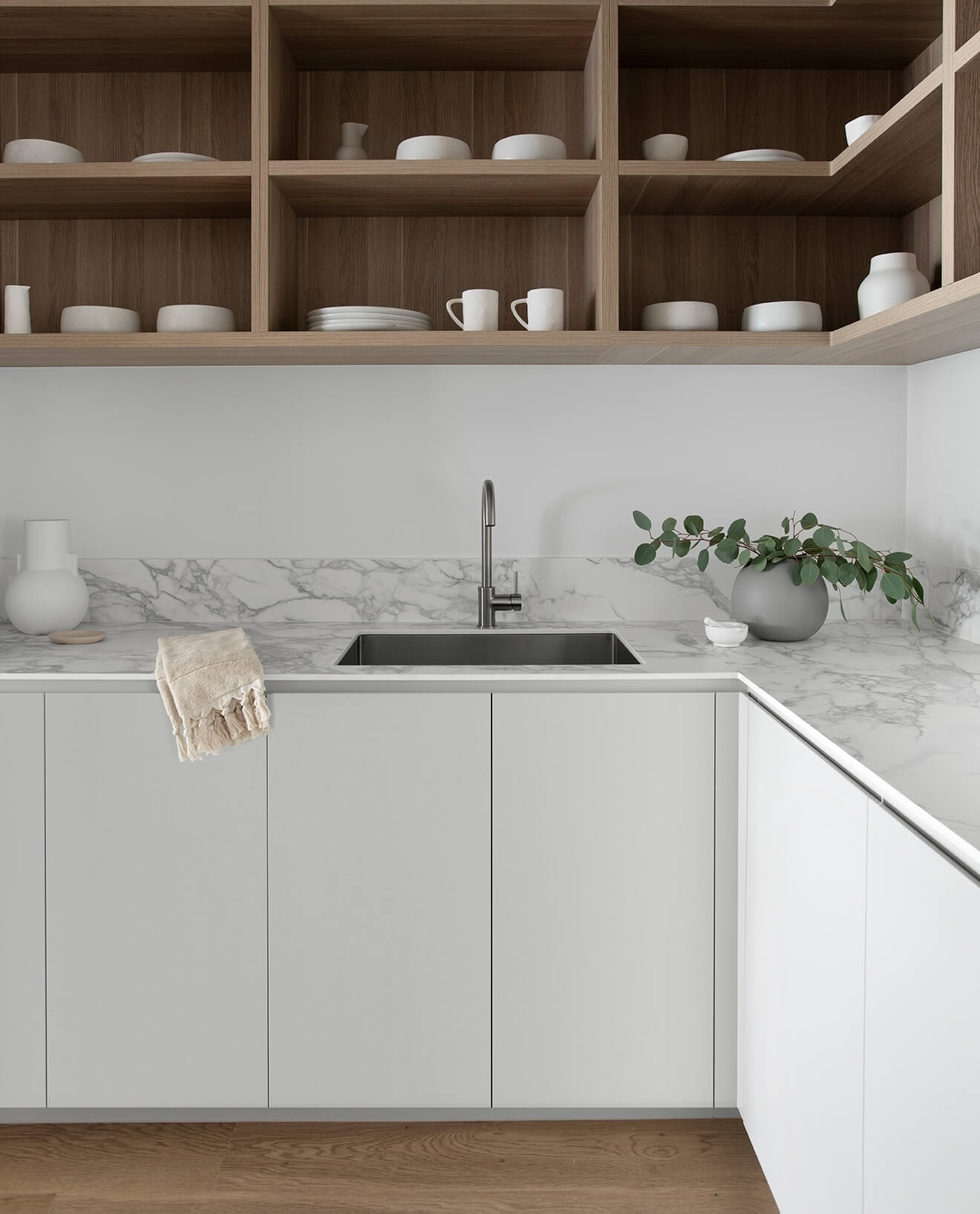 Wooden Open Shelving Displays Minimalist White Dishware