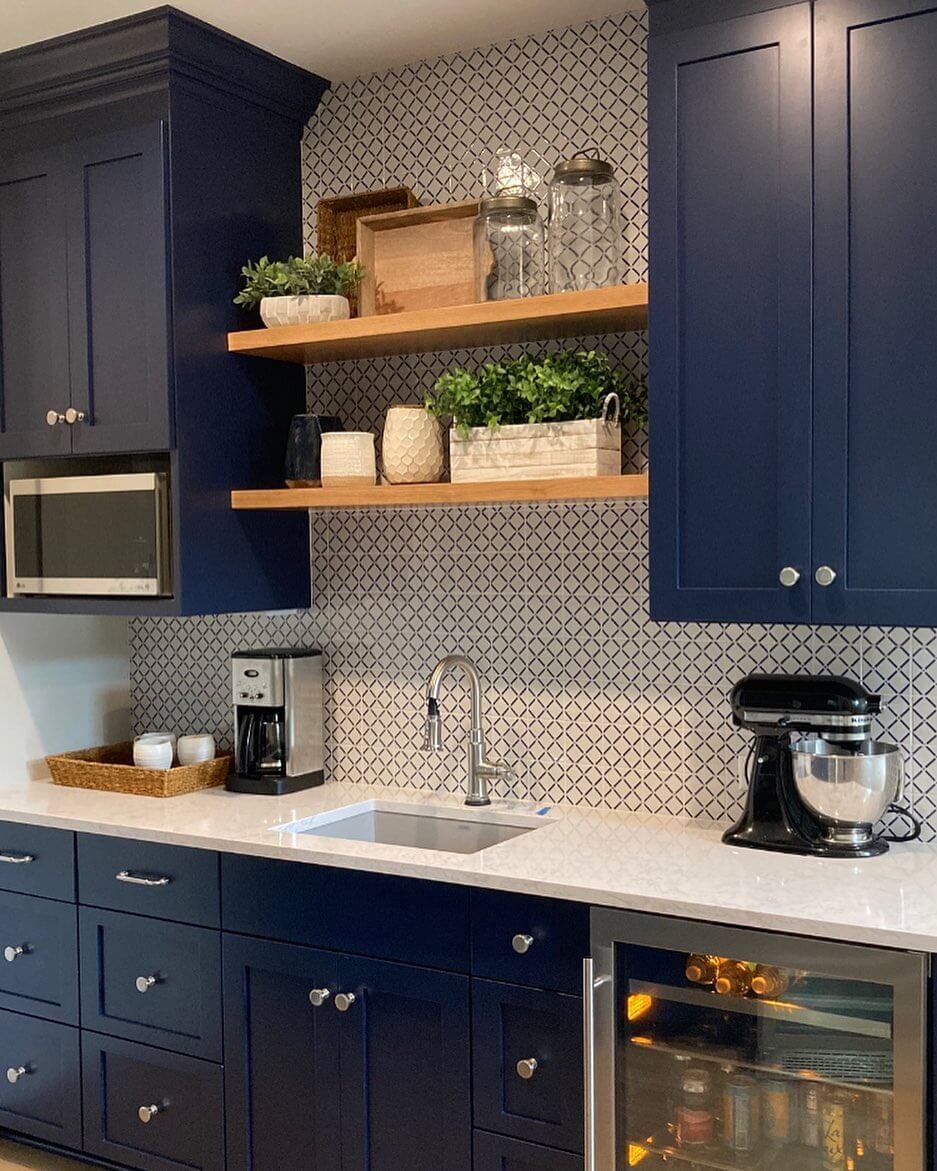 Geometric Tile Backsplash Adds Pattern to Open Shelving