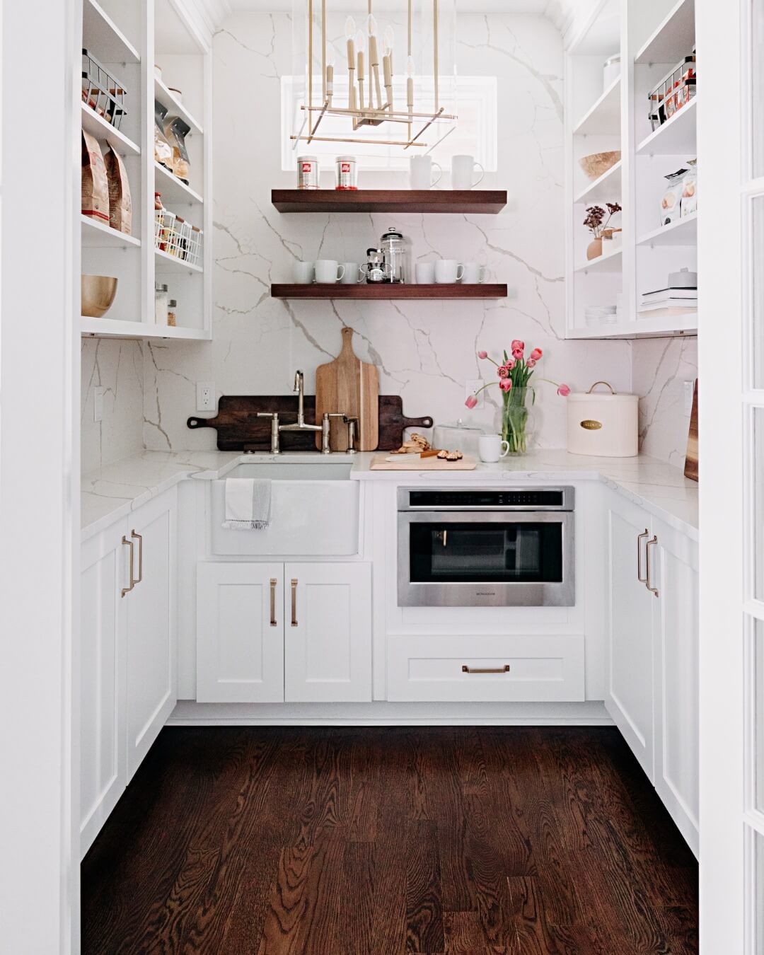 Dark Wood Shelves Frame a Coffee Service Area