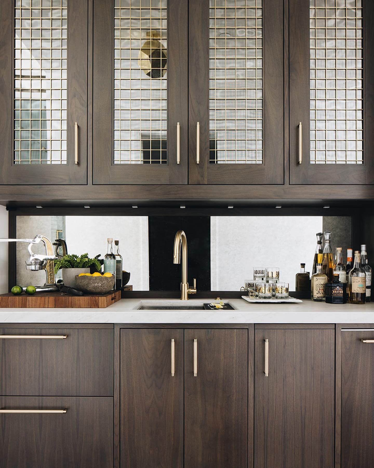 Wire Grid Cabinet Doors Add Industrial Chic to Dark Wood