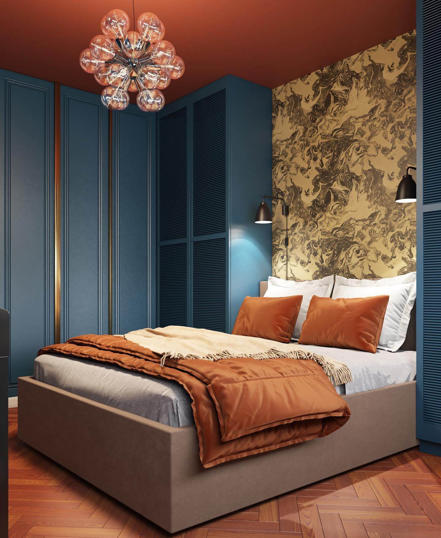 Dramatic Marbled Wallpaper Adds Bold Texture Above Navy Walls