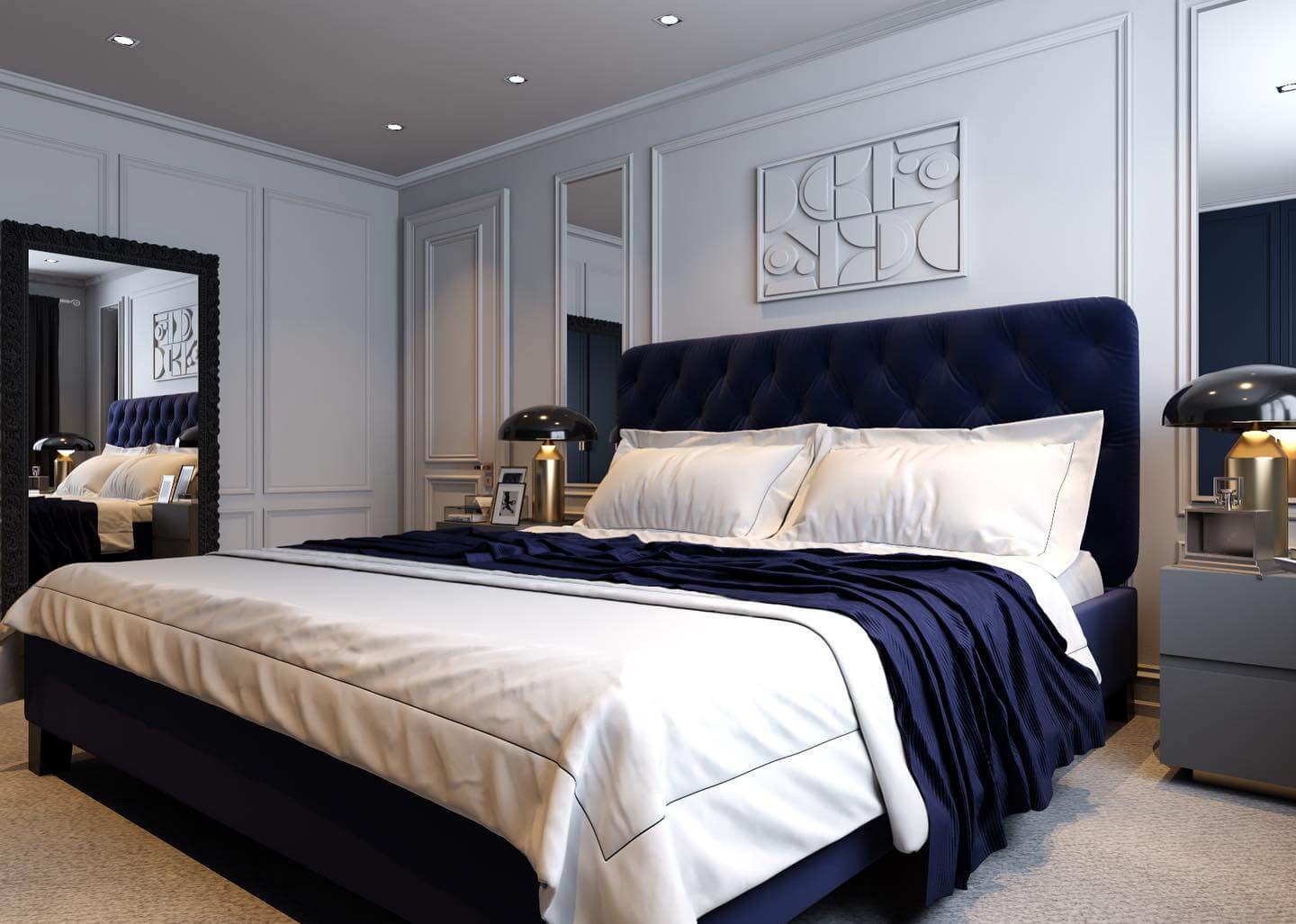 Textured Wall Art Adds Geometric Interest Above Navy Headboard