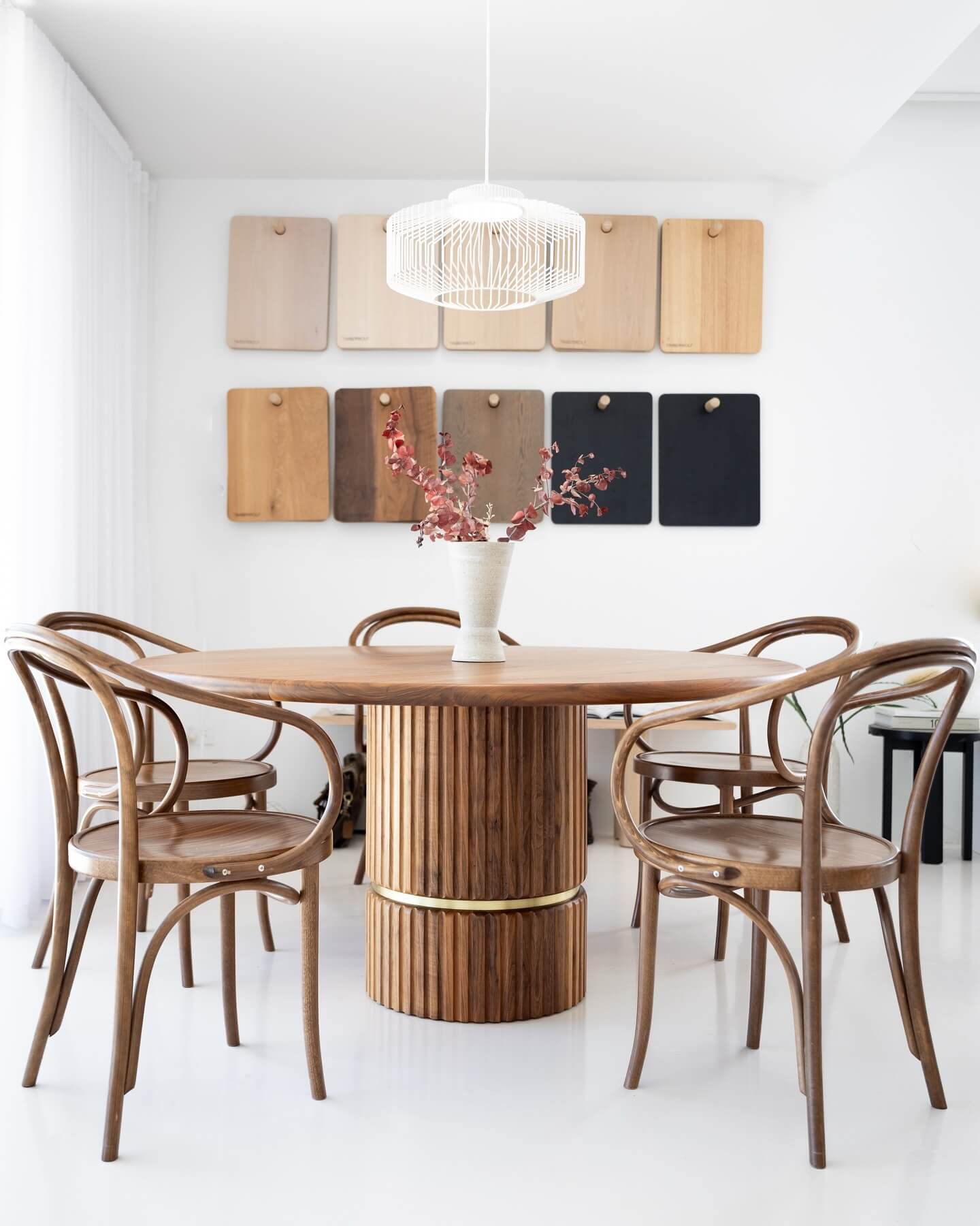 Wood Table with Ribbed Pedestal and Brass Detail