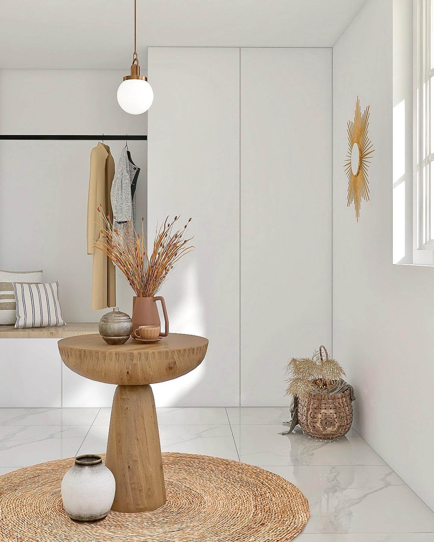 Tapered Wood Table with Dried Grass Arrangement