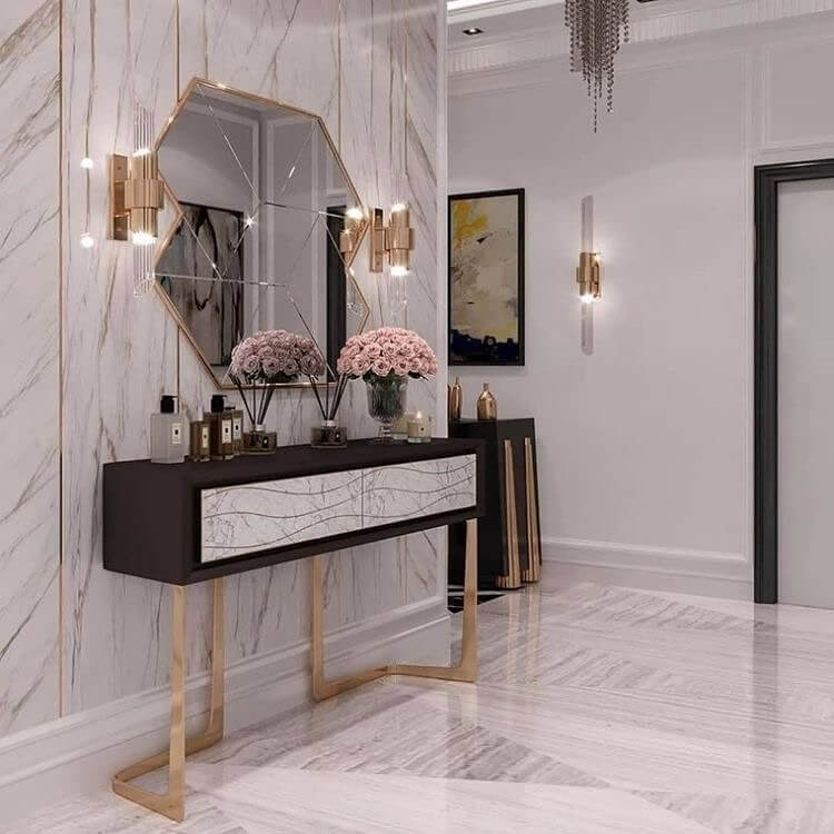 Geometric Mirror Adds a Dramatic Focal Point Above a Console