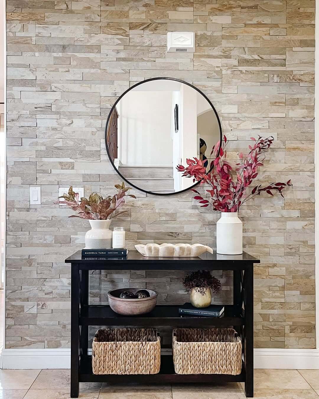 Layered Entryway Decor With Contrasting Vases and Branches
