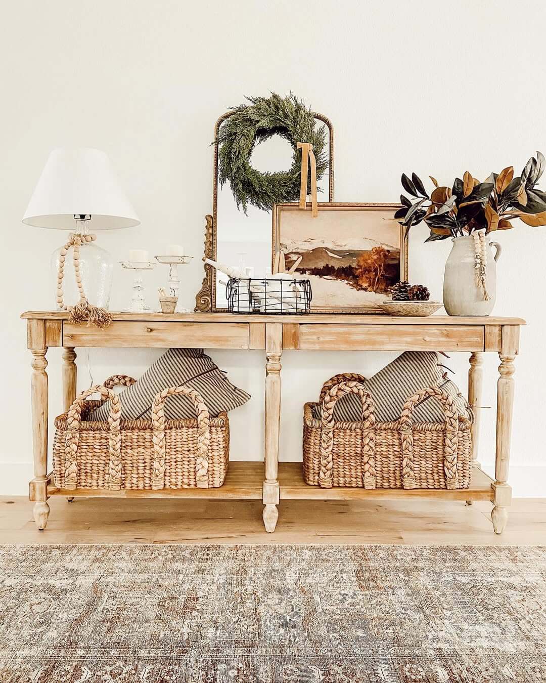 Rustic Entryway Table With Layered Decor and Storage