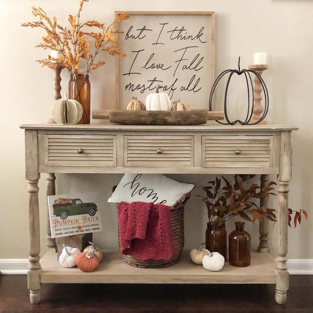 Rustic Dough Bowl Holds Fall Pumpkins for a Cozy Vignette