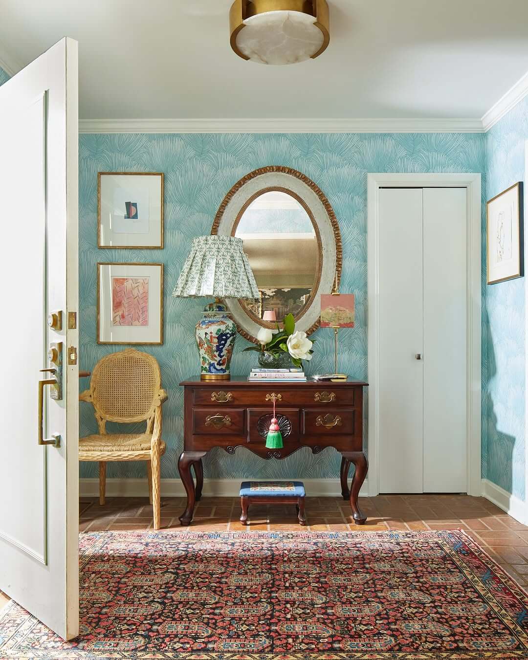 Feathery Palm Frond Wallpaper Creates a Tropical Entry
