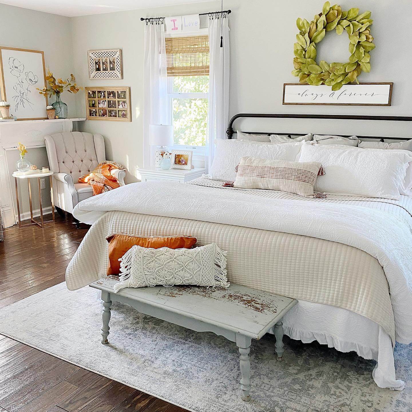 Distressed Blue Bench with Turned Legs