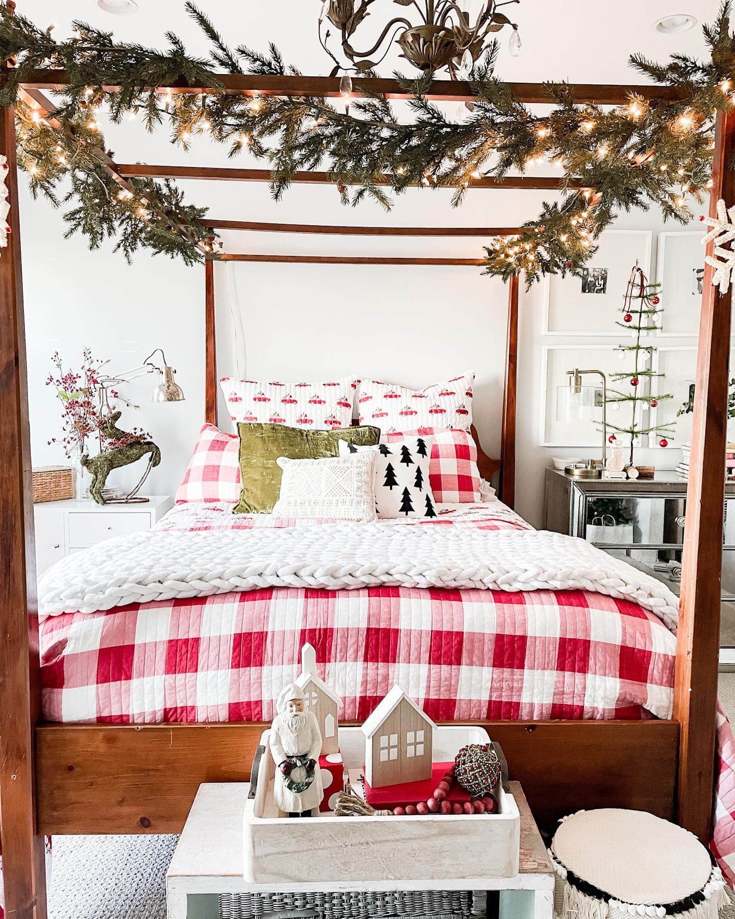 Four-Poster Bed Draped with Garland and Lights