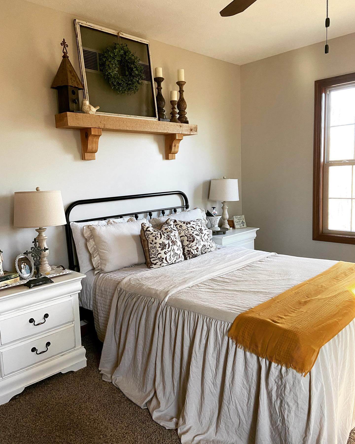 Wooden Shelf Displays Rustic Accents Above Bed