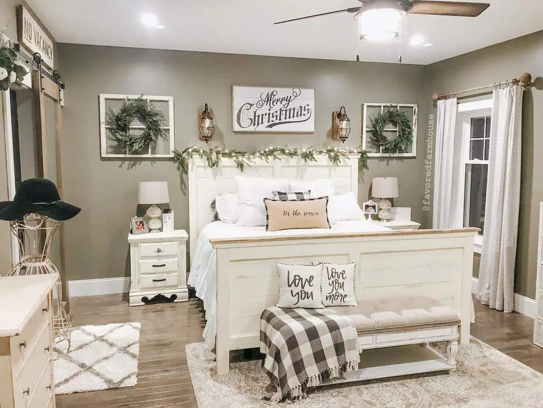 Window Panes Frame Wreaths Above Farmhouse Beds