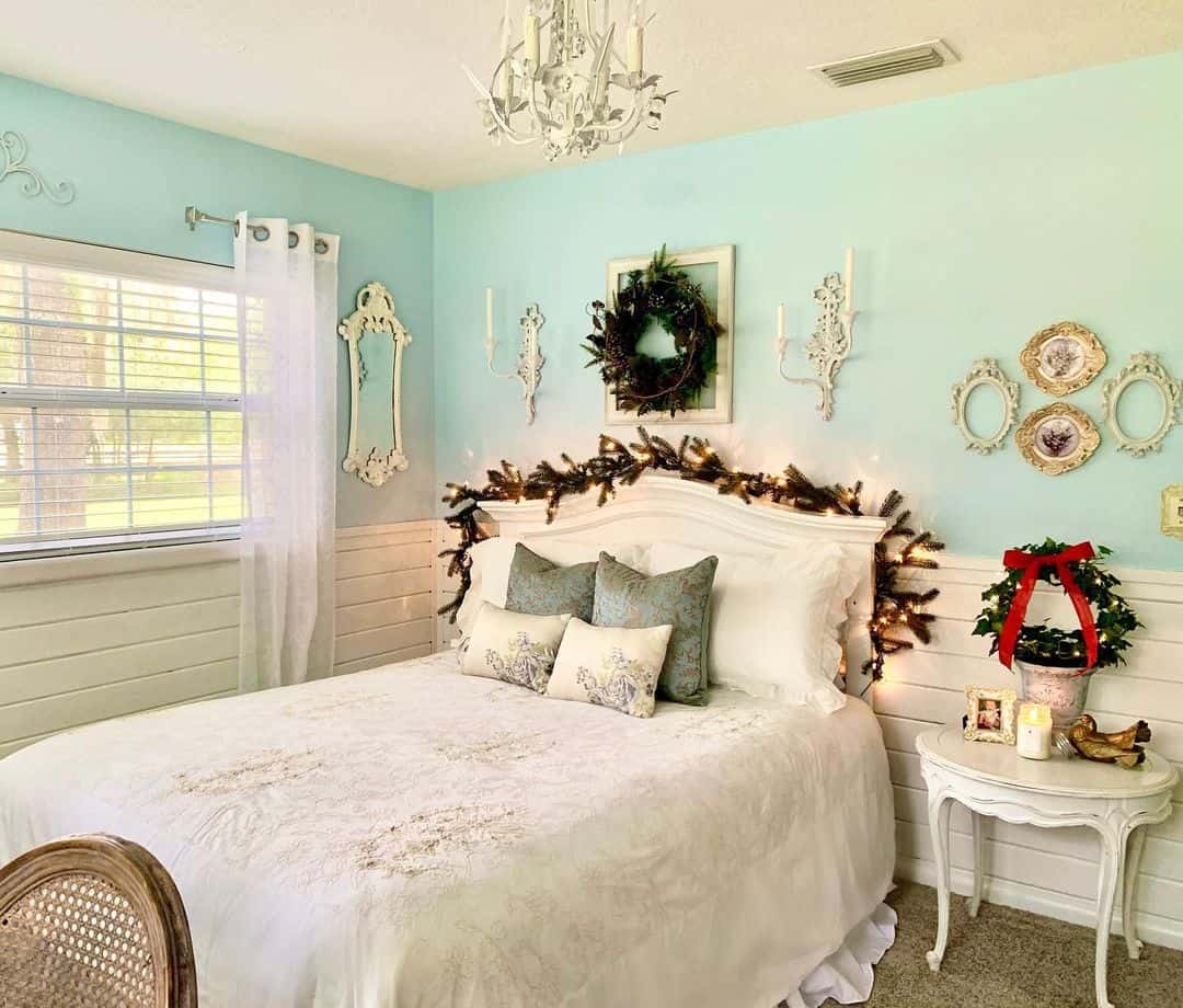 Garland and Lights Drape Over Headboard for Festive Ambiance
