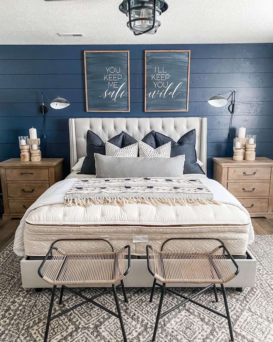 Framed Text Art Pairs Above Tufted Farmhouse Headboard