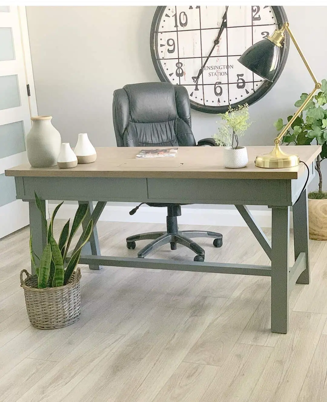 Farmhouse Desk with Two-Tone Finish and Brass Task Lamp